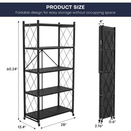 Lifetime Home 5-Tier Foldable Storage Shelf with Wheels - Metal Collapsible Shelving Unit Display, Rolling Cart for Books Kitchen Storage Shelves, Pantry & Closet Organizer, Office Room Decor - Black