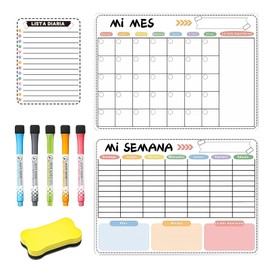 noleli Calendario Magnético para Refrigerador en Español, Pack 3 Piezas: 2 Planificadores (Mensual y Semanal), 1 Pizarra Blanca Flexible, 5 Marcadores y Borrador