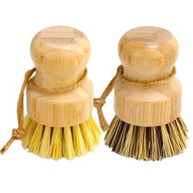Aisuly Bamboo Dish Brush Set, 2 Pcs Palm Wooden Dish Scrubber Brush, Dish Brushes, Durable Wood Dishes Scrub Brush, Natural Round Vegetable Cleaning P