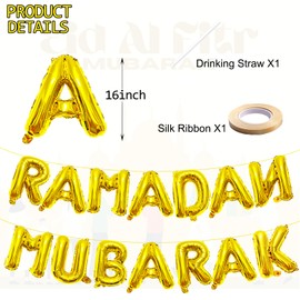 16 Inches RAMADAN MUBARAK Letter Balloons Banner - Mylar Foil Balloons Decorations for Ramadan Celebrations, Eid Mubarak Party Supplies, and Islamic Festive Gatherings (Gold)