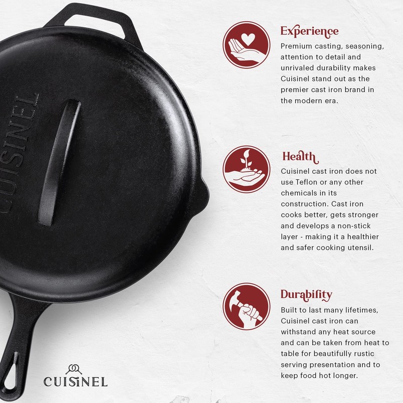 Cuisinel Cast Iron Skillet with Lid - 12"-inch Pre-Seasoned Covered