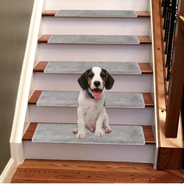 Jorviz Bullnose Carpet Stair Treads Set of 14 Soft Non Slip Self Adhesive Indoor Stair Protectors Pet Friendly Rugs Covers Mats Skid Resistant Washable Rubber Backing Grey (9.5" x 30"x1.2")