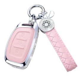 SHANGHONG for Hyundai Elantra Key Fob Cover with Keychain Genuine Leather Crystal Key Case Protector Compatible with 2021 2020 2019 Hyundai Elantra Ioniq Sonata Tucson Elantra GT Smart Key (Pink)