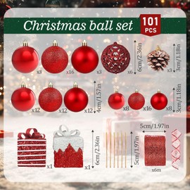 OIOYCLG Christmas Baubles Set of 101 Plastic Christmas Tree Baubles Set, Christmas Tree Baubles Rose Gold Matt, Glossy, Glitter with Pine Cones Christmas Ribbons for Christmas Tree Decoration Party