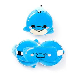 Puckator Relaxeazzz Adoramals Blu the Dolphin Plush Travel Pillow & Eye Mask - Plushie Sleeping Mask For Airplane - Flight Pillow For Kids Adults - Cute Sleeping Mask