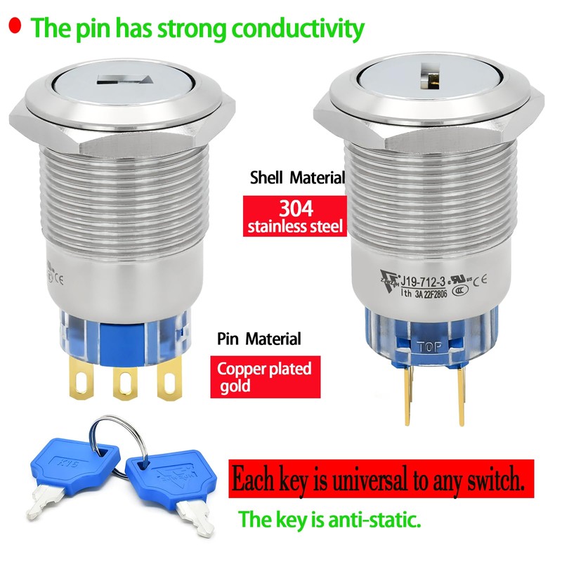 3 Position Key Switch 19MM DPDT Rotary Switch Stainless Steel