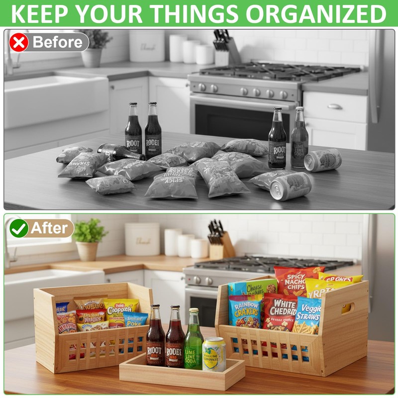 AceOrbit 6 Pack Wood Pantry Storage Bins 4 Wooden Storage
