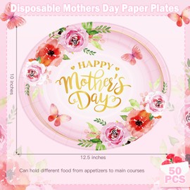50Pcs Mothers Day Oval Paper Plates, Large 10"X12.5" Disposable Happy Mother’s Day Party Decorations, Heavy Duty Dinner Food Plates, Pink Dinnerware Tableware Set for Mothers Day Party Supplies