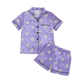 MyFav Girls Pajama Set Short Sleeve Button Down Silky Satin Girls PJS Kids Sleepwear Summer Nightwear Loungewear Set,Purple Cat,8Y
