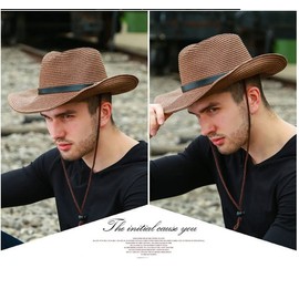 Straw Cowboy Hat for Men Women Wide Brim Sun Hat Cowgirl Panama Hat with Chin Strap Sombrero UV Protection Travel Outdoor Hat Coffee