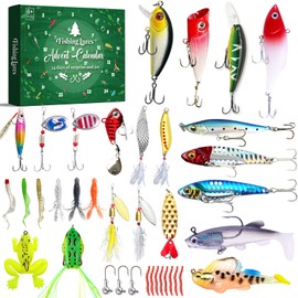 Fishing Advent Calendar 2024, Fishing Lures Kit - Crankbaits, Spinnerbaits, Plastic Worms, Jigs - for Bass, Trout, Salmon, Freshwater Fishing Gear Advent Calendar for Kids, Fishing Gifts for Men