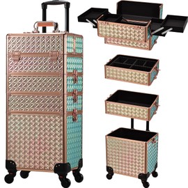 Stagiant Rolling Makeup Train Case Large Storage Cosmetic Trolley 4 in 1 Large Capacity Trolley Makeup Travel Case with Key Swivel Wheels Salon Barber Case Traveling Cart Trunk Shiny Rose Gold