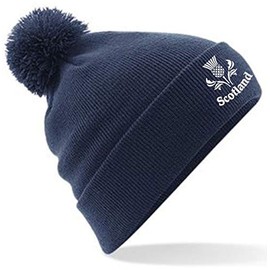 Embroidered Scotland Thistle Navy Pom Pom Beanie Hat