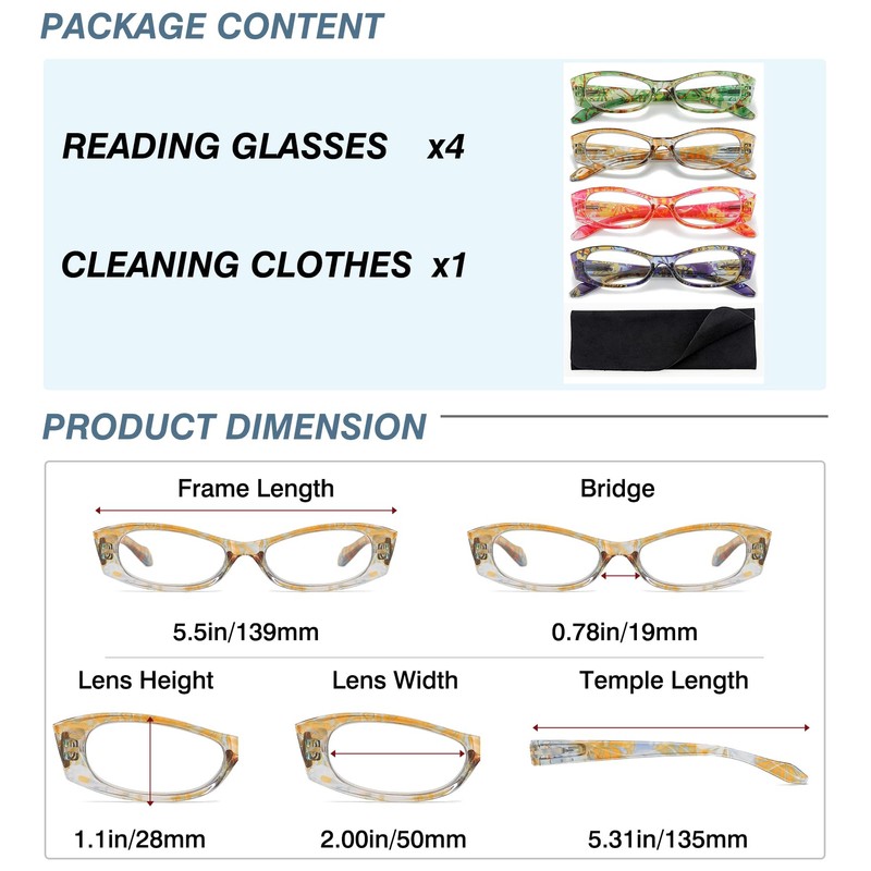 RaoOG 4 Pack Reading Glasses for Women Blue Light Blocking