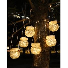 Solar Lantern Solar Lights Outdoor Waterproof 6-Pack, Solar Powered Hanging Lights Cracked Glass Hanging Globes for Christmas Decoration, Shepherd Hook, Garden Tree Ornaments, White Cap, Warm White