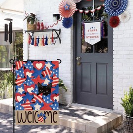 RABUSOFA Patriotic 4th of July Welcome Garden Flag 12x18 Inch Double Sided, Memorial Day Independence Day American Stars and Stripes Black Cat Love Heart Yard Outdoor Decoration
