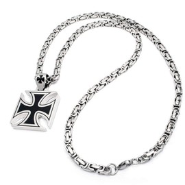Schmuck-Checker Iron Cross with Byzantine Chain Made of 316L Stainless Steel Paw Cross Silver Black Biker Jewellery Necklace Men's Jewellery Men's Gift, Enamel