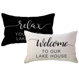 Welcome To Our Lake House Lumbar Cushion Covers Lake Cabin Decor with Paddle Farmhouse Lake Time Decorative Pillowcases 12x 20Inch,2Pack Summer Lake House Cushion Cover for Sofa Couch Porch (Black)