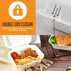 Raj Eco To Go Containers Compostable Clamshell Disposable, [8x8" 50-Pack] Take out Box With Hinged Lids, Meal-Prep, Eco Friendly, Biodegradable, food container made of sugar cane Bagasse BROWN