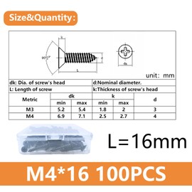 Black Self Tapping Screws for Wood,100pcs M4 x 16mm 304 Stainless Steel Flat Head 10mm screws for Furniture and Drywall (M4 x 16mm 100PCS)