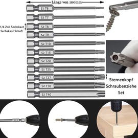 Bestgle Torx Bit Long Hex Bits 11 Piece 75 mm S2 Steel with Magnetic Torx Screwdriver Bits Set 1/4 Inch Hex Shank T6-T40 Strong Hardness Star Head Bits Electric Screwdriver Tools