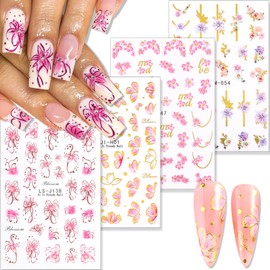 Furtherpretty Nail Stickers for Nail Art, 3D Flower Nail Stickers Pink Cherry Blossom Decals Spring Lily Rose Design Self Adhesive Accessories Gold Floral calcomanías para uñas, Manicure Supplies