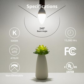Lepro E12 LED Candelabra Light Bulbs, 5000 Kelvin Daylight White 5.5 watt, 40 watt Equivalent B11 C37 Ceiling Fan Bulb Chandelier Bulbs, Type B Small Base Candle Lights, Plastic, Not-dimmable, 6-Pack