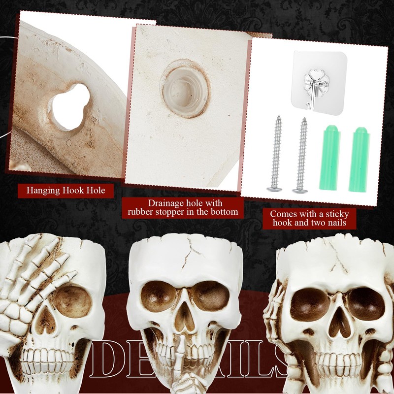 RimCereal 3pcs Halloween Skull Wall Planter Resin Skeleton Gothic Hanging