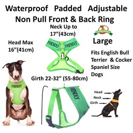 FRIENDLY (Known as Friendly to all) Green Color Coded Non-Pull Front and Back D Ring Padded and Waterproof Vest Dog Harness PREVENTS Accidents By Warning Others Of Your Dog In Advance (L)