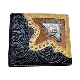 Western Stakes Leather Bi Fold Wallet Cowboy Praying at Cross Concho Tooled Cowboy Floral Embossed Cowhair Leather Rodeo Wallet Cowboy Style Hand Crafted High End Mens Wallets Leather (Coffee)