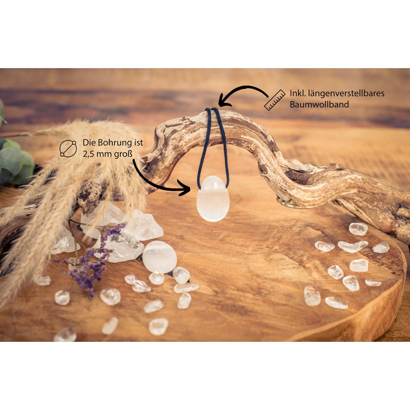 Lebensquelle Plus Selenite drop pendant, drilled tumbled stone pendant with