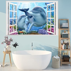 3D Sea World Fake Window Sticker, Dolphin Sea Turtle Tropical Fish Sea Life Wall Decals, Peel and Stick Removable Window Decoration, Boys and Girls Bedroom Living Room Wall Decor,23.6”×35.4''