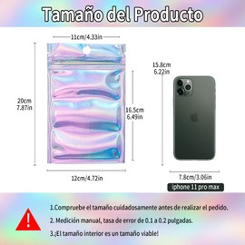 Bolsas de Mylar Resellables HuLuHouse® 50 Bolsa Holográfica Multiusos con Cremallera,Bolsas de Aluminio para Teléfono Móvil, Frijoles, Aperitivos, Flores Secas, Café, Galletas-12 x 20 cm