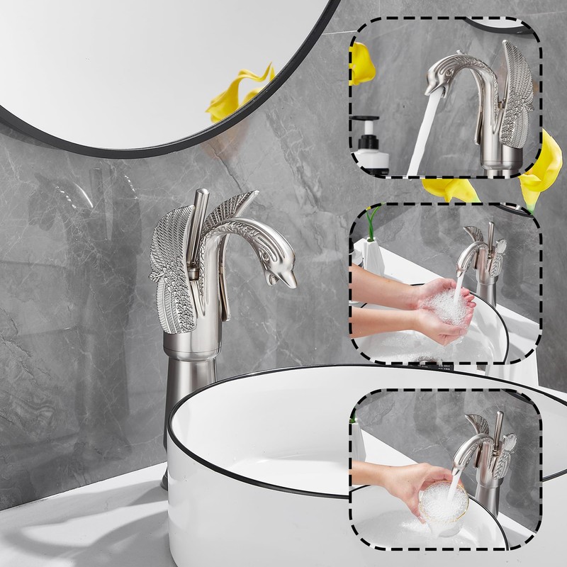GGStudy Brushed Nickel Swan Shape Single Handle 1Hole Bathroom Vessel
