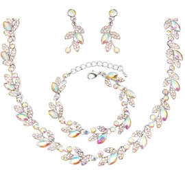 chaoyite Elegant Leaves Choker Necklace Dangle Earring Link Bracelet Crystal Jewelry Set for Brides Bridesmaid Prom Costume Accessories for Women (AB crystal-silver tone)