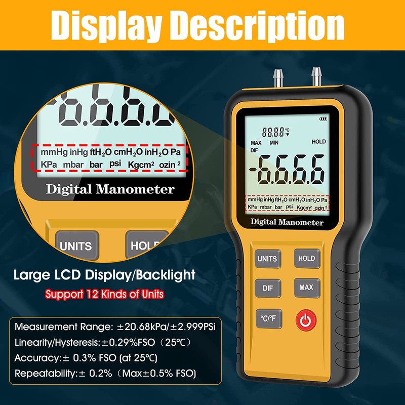 Manometer, Professional Air Pressure Meter, Dual-Port HVAC Digital Manometer Gas