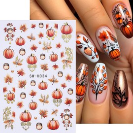 6 Sheets Fall Pumpkin Nail Art Stickers Maple Leaf Nail Decals Maple Leaves Pumpkin Nails Design 3D Self-Adhesive Nail Art Supplies Autumn Thanksgiving Day Nail Stickers for Women DIY Manicure