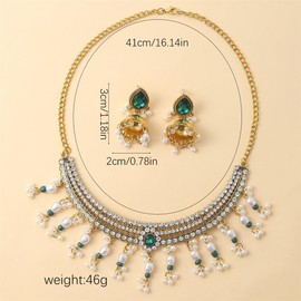 Teardrop CZ Jhumki Beaded Tassel Dangle Drop Stud Earrings Pearl Choker Necklace Set for Women Gold Plated Vintage Indian Traditional Fashion Antique Bollywood Jewelry, 16 Inches, Metal Beads, No