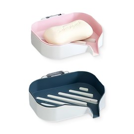 Soap Dish with Drain, Pack of 2 Soap Dish for Bathroom, Soap Holder No Drilling Shower, Drill-Free, Removable Plastic Soap Box with Drain, Sponge Holder