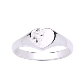 WOMENS Heavyweight Half-Engraved Pattern HEART Signet Ring - Engravable - 925 Sterling Silver - Size L