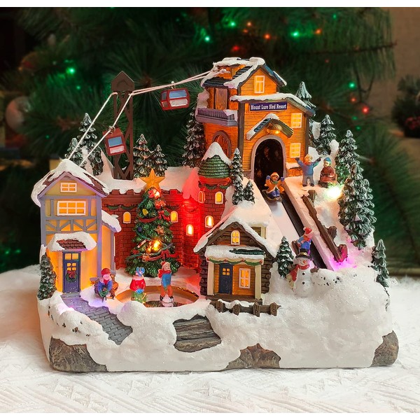 MOMENTS IN TIME Christmas Village Building, Mount Lure Sled Resort, Ski Resort with Ski Lift with LED Lights, Christmas Music, and Animation - Power Adapter (Included) (9.8" H x 12.2" W x 8.3" D)