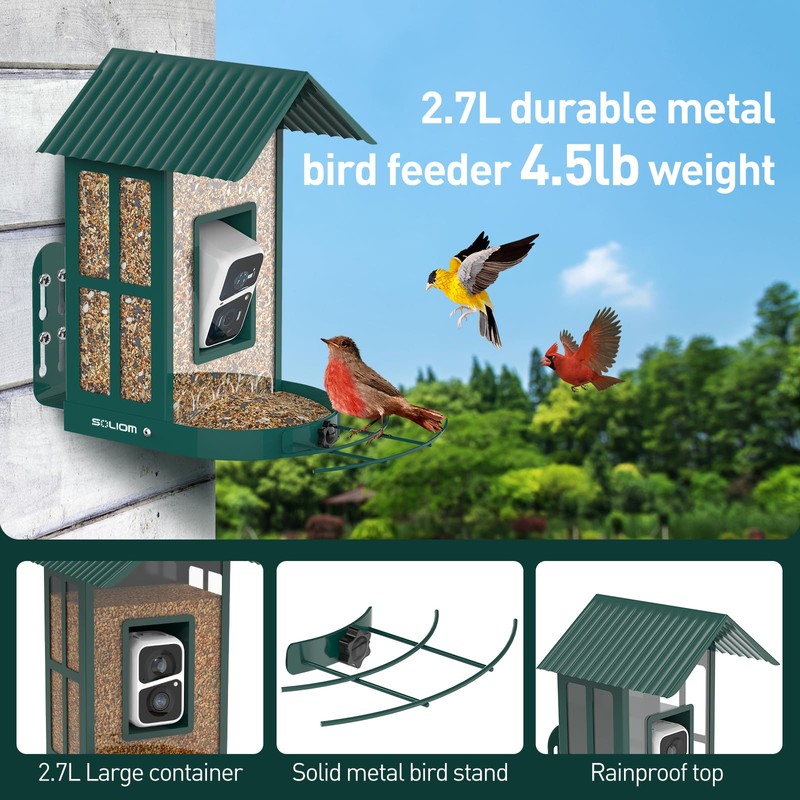 Soliom- Bird Feeder with Camera, 5W Solar Powered, AI Identify