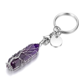 MANIFO Life Tree Wire Wrapped Crystals Keyring Healing Stones Hexagonal Crystal Gemstone Points Pendant Keychain, Amethyst, standard