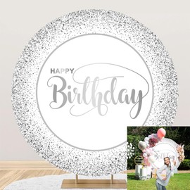 OERJU Happy Birthday Round Backdrop Cover White and Silver Happy Birthday Backdrop Round Happy Birthday Backdrop Women Men Birthday Party Decoration Circle Backdrop Cover Photo Booth Background 7.5ft