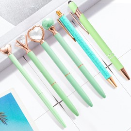 YOXMJDB Teacher Pens, 6 Pcs Green Pens Cool Pens Ballpoint Pens Bulk, 1.0mm Medium Point Black Ink Pens Diamond Pens with Crystal, Office and School Supplies Nice Pens Gifts for Women (Green)