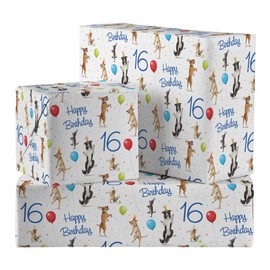 Hunts England - 16th Birthday Luxury Wrapping Paper And Tags For Him/Her - Dancing Dogs - 2 Sheets & 2 Gift Tags - Age 16 Folded Gift Wrap For Boy/Girl - Milo's Gallery - Age Sixteen Gift Wrap