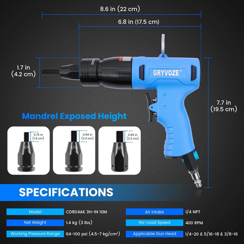 GRYVOZE Pneumatic Rivet Nut Gun Kit with 11PCS 1/4 &