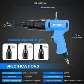 GRYVOZE Pneumatic Rivet Nut Gun Kit with 11PCS 1/4 & 5/16 & 3/8 Mandrels, Industrial Grade Air Rivnut Tool Set with Self-Locking Head Gun, Air Riveter Nut Gun for Threaded Nutsert Insert Installation