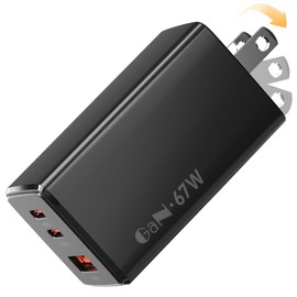 67W USB Charger, Type C Charger, Ultra Mini Industry, Ultra Lightweight, 3 Devices Simultaneously Charging, PD Compatible, USB-C x 2 & USB A, 3 Ports, GaN (Gallium Nitride), Foldable Plug, PD3.0,