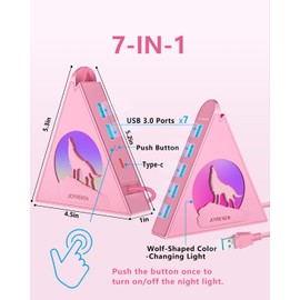 7 Port USB 3.0 Hub,Pink USB Hub with Wolf Shaped RGB Night Light, 2ft Long Cable and Pink Base,for Laptop, PC, Flash Drive, HDD, Console, Printer, Keyborad, Mouse and More(Charging Not Supported)